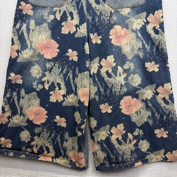 COWOKA Boho Floral Denim Bib Overalls Loose Wide Leg Jumpsuit Suspenders Small - Picture 5 of 13